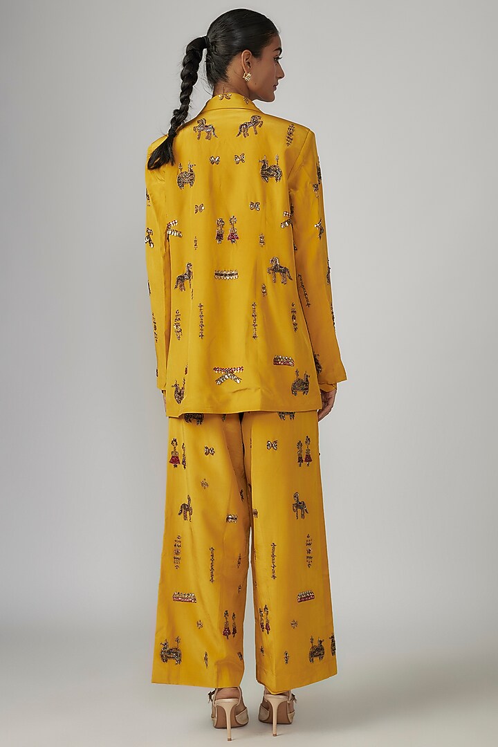 Yellow Crepe Hand Embroidered Pant Suit Set by Rajat tangri  at Pernia's Pop Up Shop