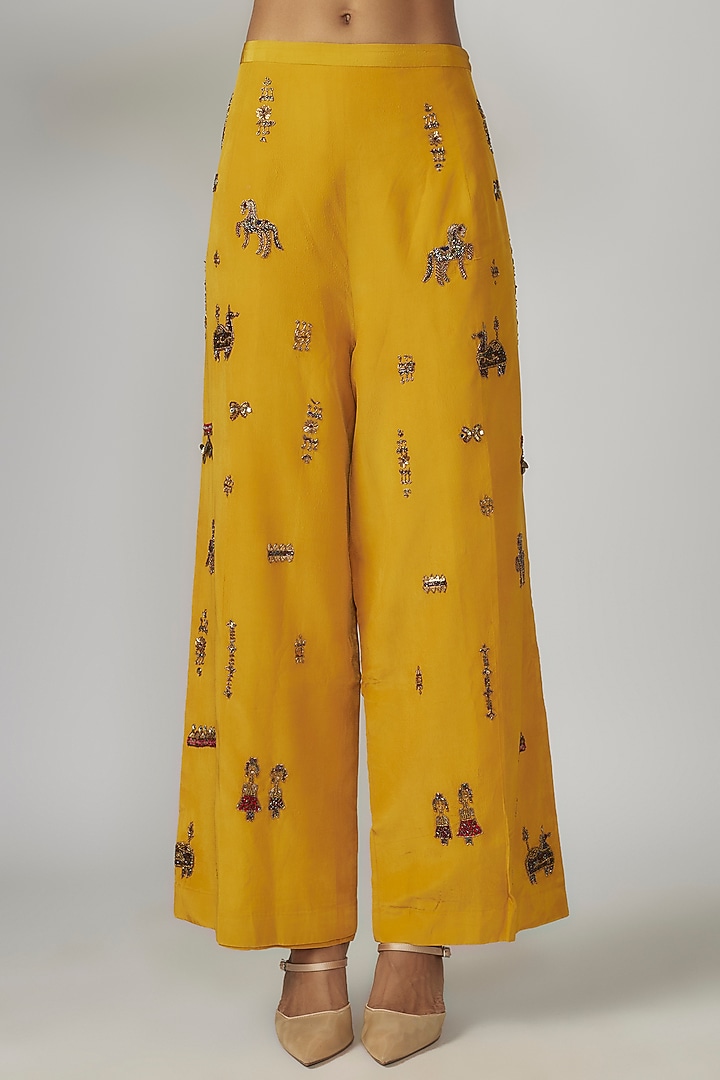Yellow Crepe Hand Embroidered Pant Suit Set by Rajat tangri  at Pernia's Pop Up Shop