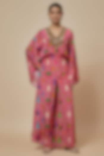 Pink Crepe Printed & Hand Embroidered Kaftan Jumpsuit by Rajat tangri at Pernia's Pop Up Shop