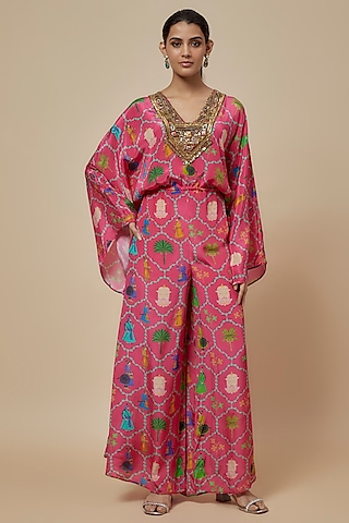 Pink Crepe Printed & Hand Embroidered Kaftan Jumpsuit by Rajat tangri