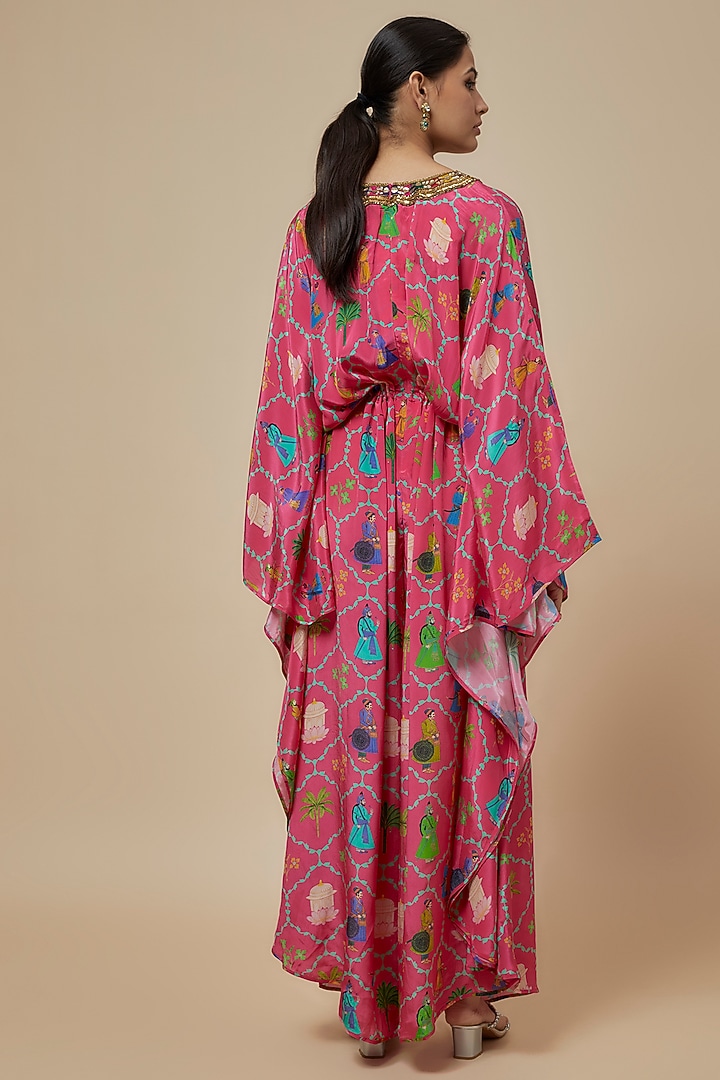 Pink Crepe Printed & Hand Embroidered Kaftan Jumpsuit by Rajat tangri at Pernia's Pop Up Shop