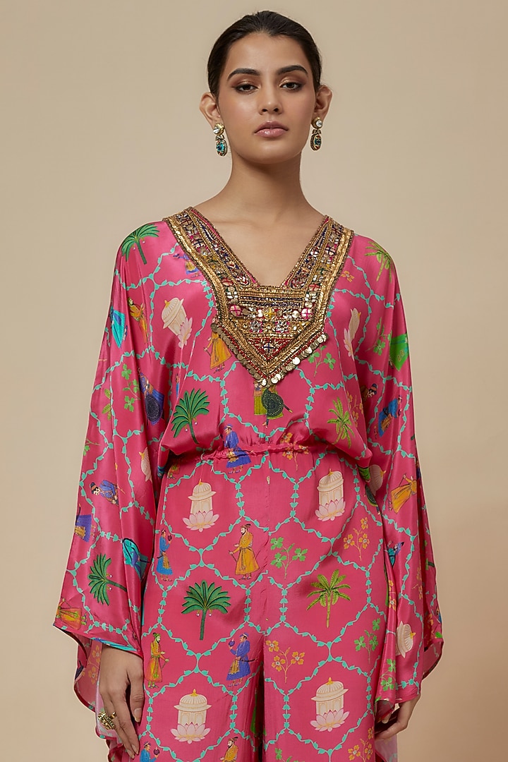 Pink Crepe Printed & Hand Embroidered Kaftan Jumpsuit by Rajat tangri at Pernia's Pop Up Shop