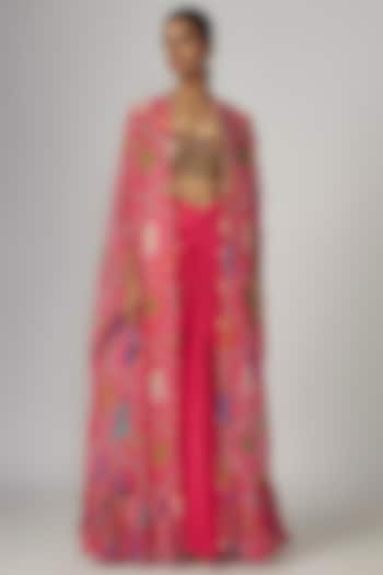 Pink Crepe & Georgette Printed Cape Set by Rajat tangri  at Pernia's Pop Up Shop