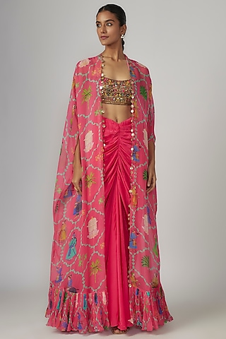 Pink Crepe & Georgette Printed Cape Set by Rajat tangri 