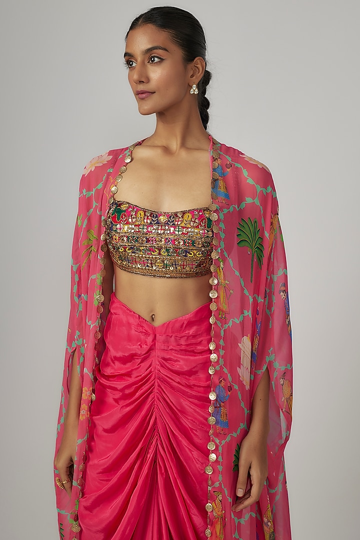 Pink Crepe & Georgette Printed Cape Set by Rajat tangri  at Pernia's Pop Up Shop
