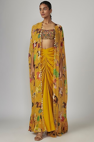 Yellow Crepe & Georgette Printed Cape Set by Rajat tangri 