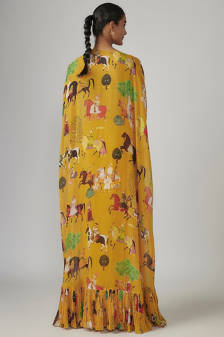 Yellow Crepe & Georgette Printed Cape Set by Rajat tangri at Pernia's Pop Up Shop