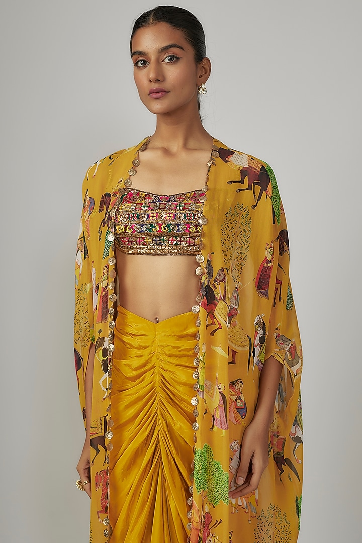 Yellow Crepe & Georgette Printed Cape Set by Rajat tangri at Pernia's Pop Up Shop