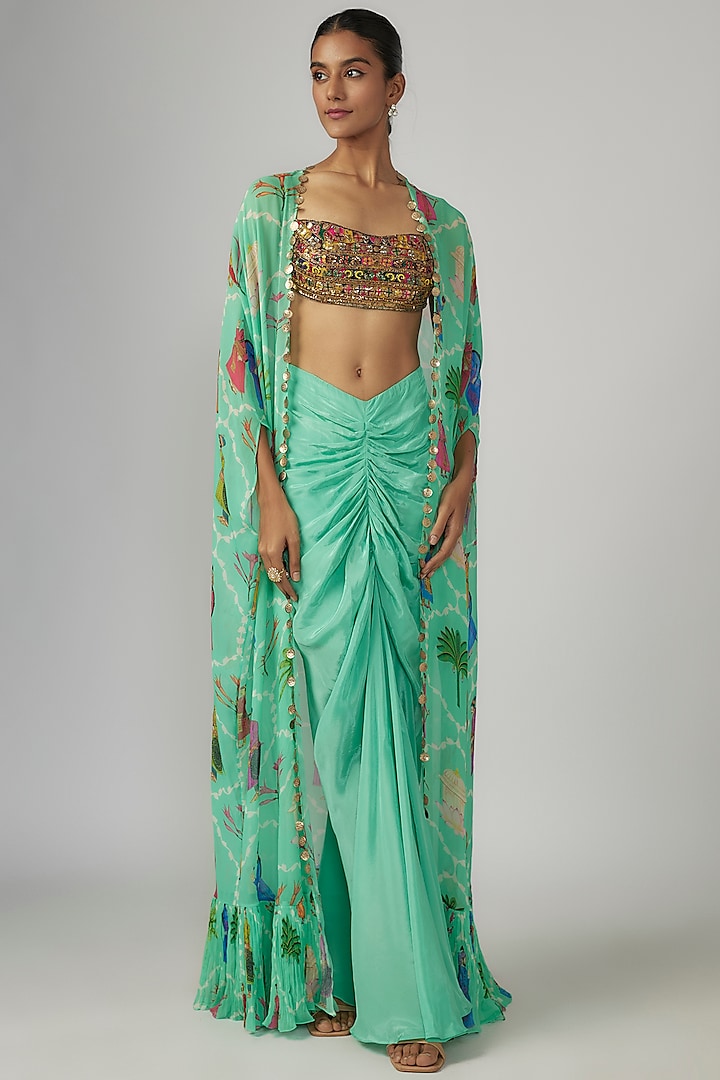 Aqua Crepe & Georgette Printed Cape Set by Rajat tangri  at Pernia's Pop Up Shop