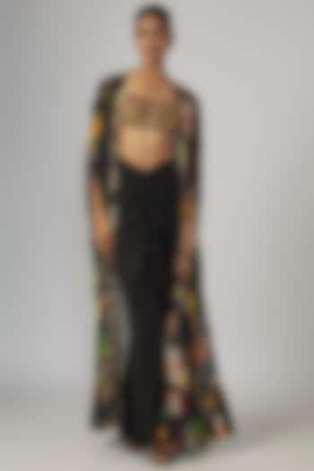 Black Crepe & Georgette Printed Cape Set by Rajat tangri 