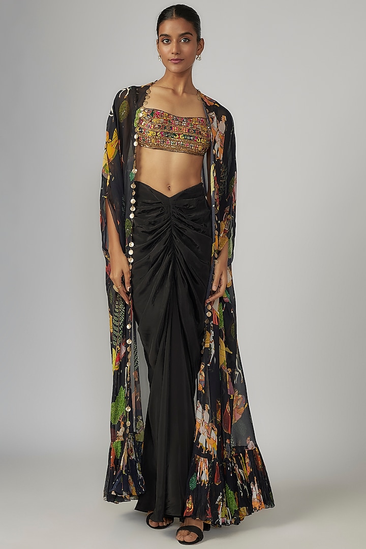 Black Crepe & Georgette Printed Cape Set by Rajat tangri 