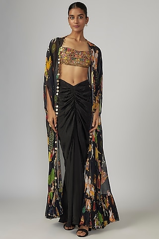 Black Crepe & Georgette Printed Cape Set by Rajat tangri 