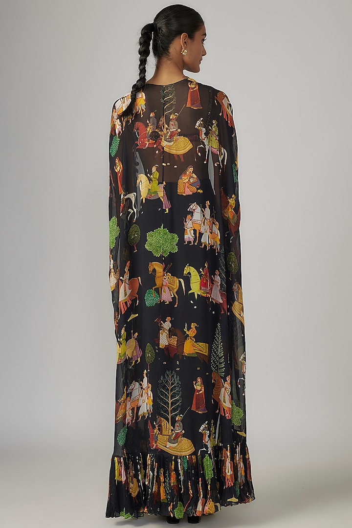 Black Crepe & Georgette Printed Cape Set by Rajat tangri at Pernia's Pop Up Shop