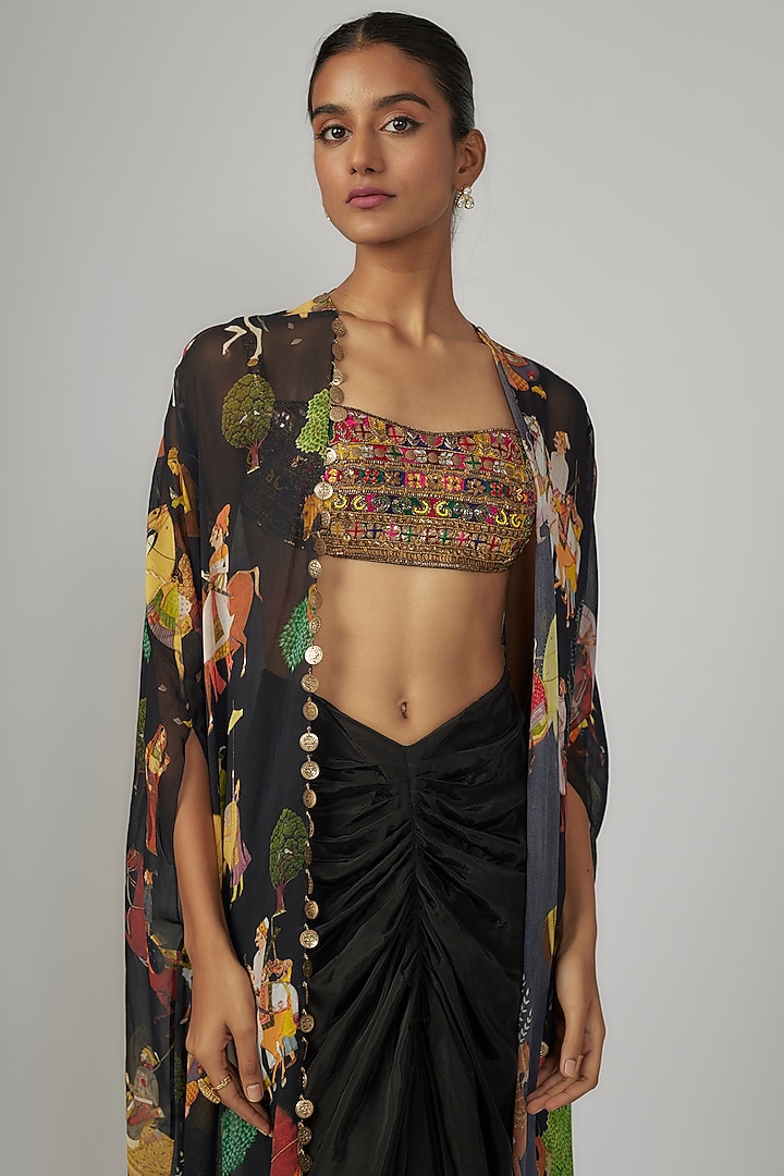 Black Crepe & Georgette Printed Cape Set by Rajat tangri at Pernia's Pop Up Shop