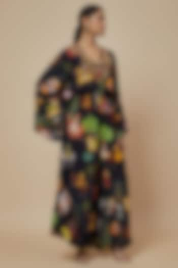 Black Crepe Printed & Hand Embroidered Kaftan Jumpsuit by Rajat tangri at Pernia's Pop Up Shop