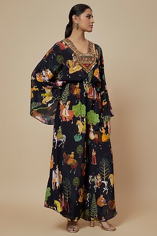 Black Crepe Printed & Hand Embroidered Kaftan Jumpsuit by Rajat tangri