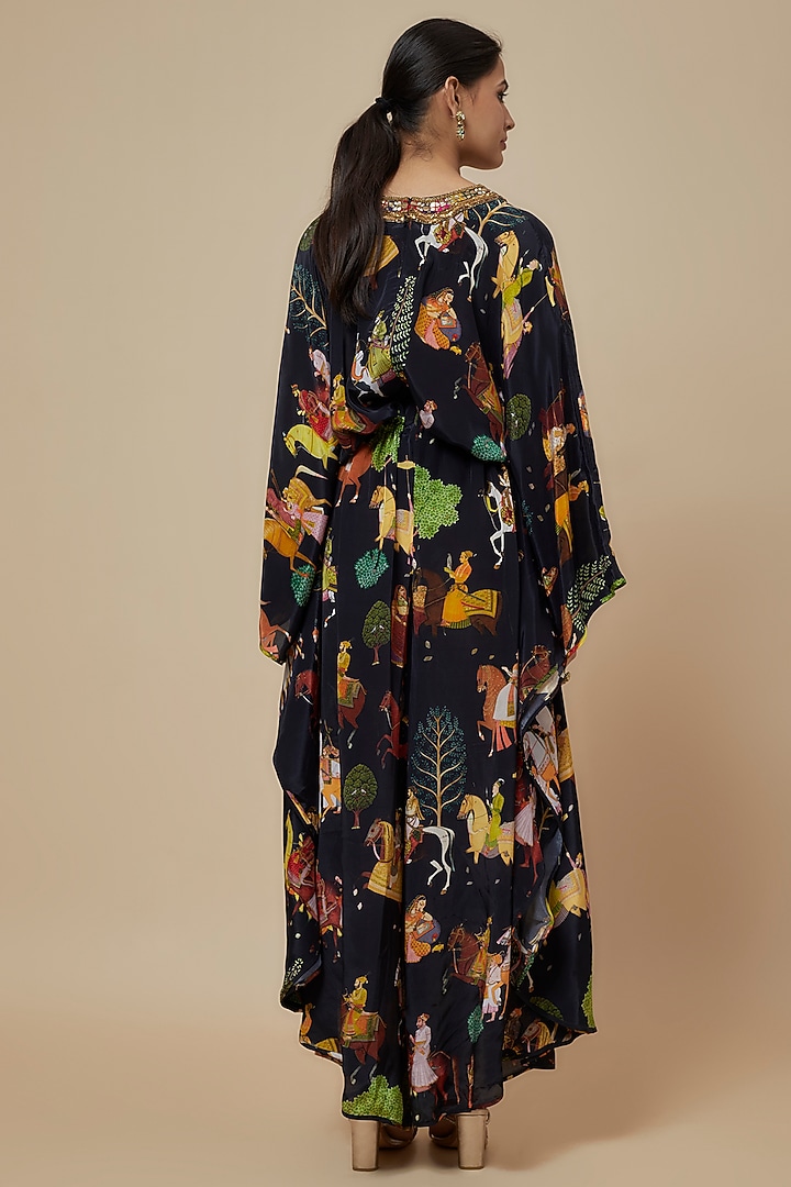 Black Crepe Printed & Hand Embroidered Kaftan Jumpsuit by Rajat tangri at Pernia's Pop Up Shop