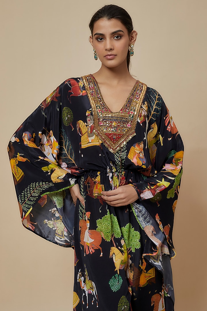 Black Crepe Printed & Hand Embroidered Kaftan Jumpsuit by Rajat tangri at Pernia's Pop Up Shop
