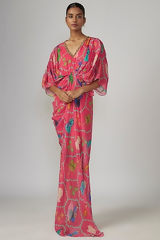 Pink Georgette Printed & Hand Embroidered Draped Dress by Rajat tangri 