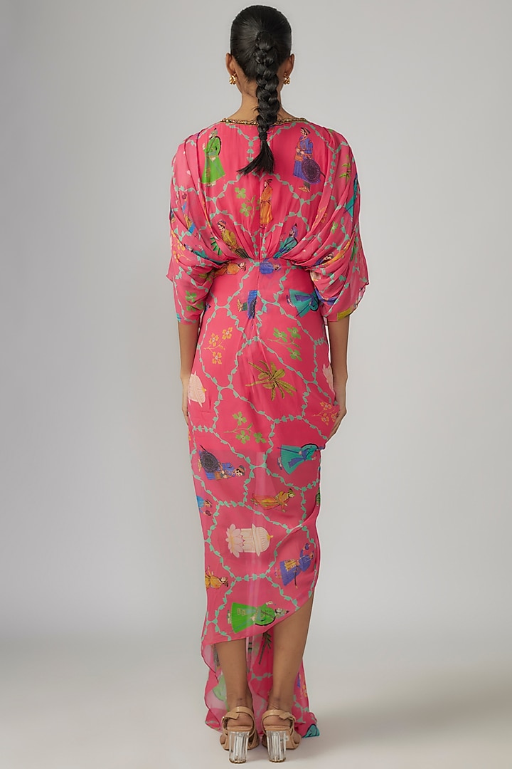 Pink Georgette Printed & Hand Embroidered Draped Cocktail Dress by Rajat tangri at Pernia's Pop Up Shop