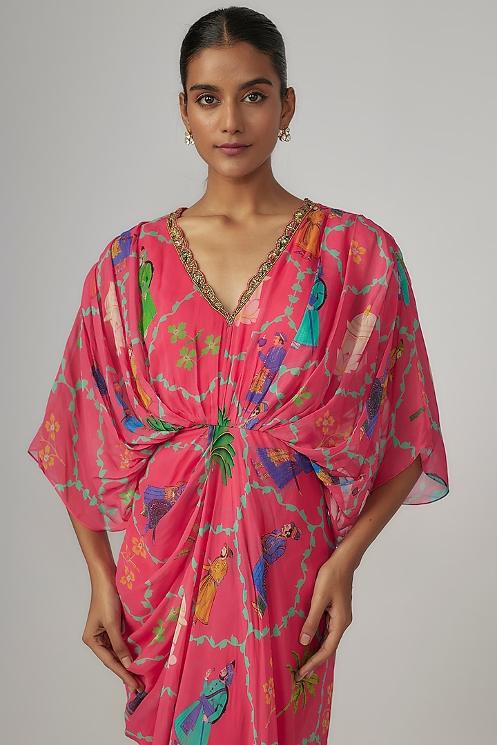 Pink Georgette Printed & Hand Embroidered Draped Cocktail Dress by Rajat tangri at Pernia's Pop Up Shop