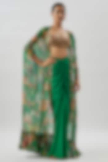 Green Georgette Printed & Embellished Cape Set by Rajat tangri  at Pernia's Pop Up Shop