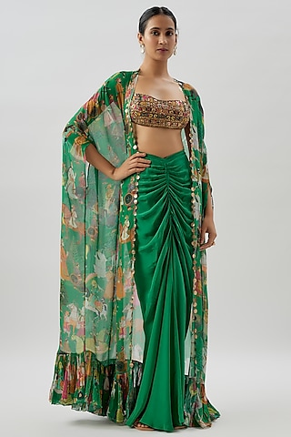 Green Georgette Printed & Embellished Cape Set by Rajat tangri 
