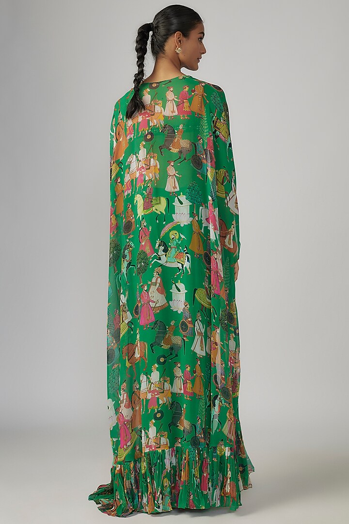 Green Georgette Printed & Embellished Cape Set by Rajat tangri at Pernia's Pop Up Shop