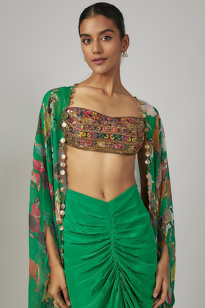 Green Georgette Printed & Embellished Cape Set by Rajat tangri at Pernia's Pop Up Shop