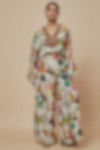 Ivory Crepe Printed & Hand Embroidered Kaftan Jumpsuit by Rajat tangri at Pernia's Pop Up Shop