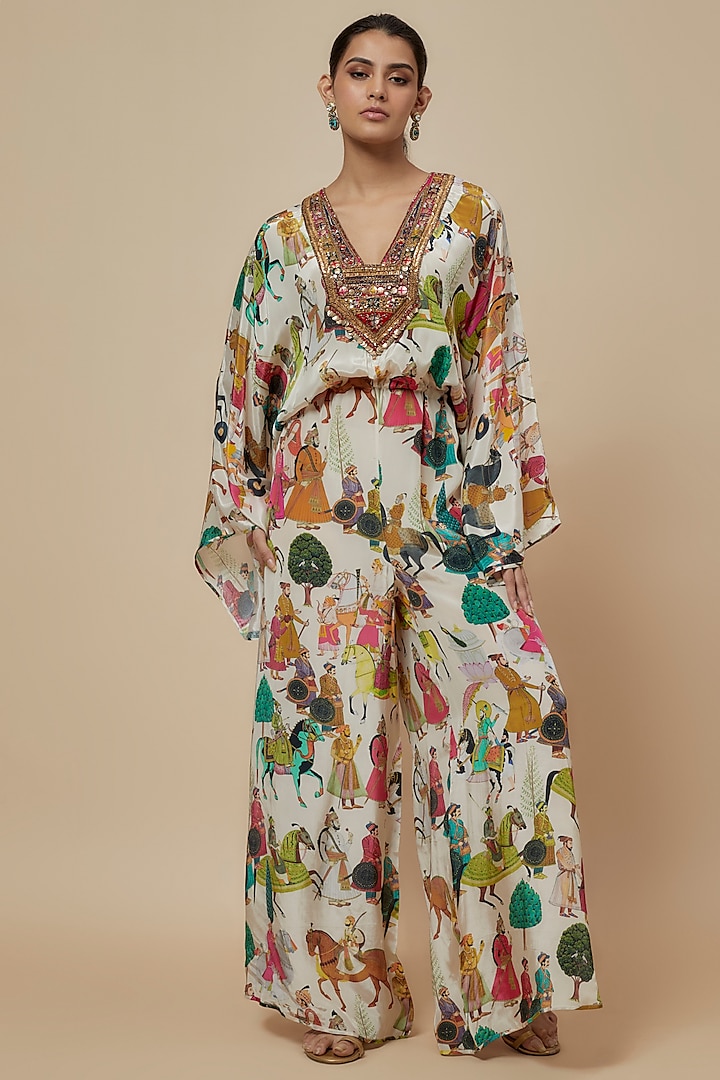 Ivory Crepe Printed & Hand Embroidered Kaftan Jumpsuit by Rajat tangri at Pernia's Pop Up Shop