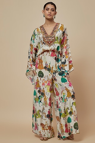 Ivory Crepe Printed & Hand Embroidered Kaftan Jumpsuit by Rajat tangri