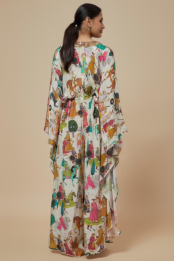 Ivory Crepe Printed & Hand Embroidered Kaftan Jumpsuit by Rajat tangri at Pernia's Pop Up Shop