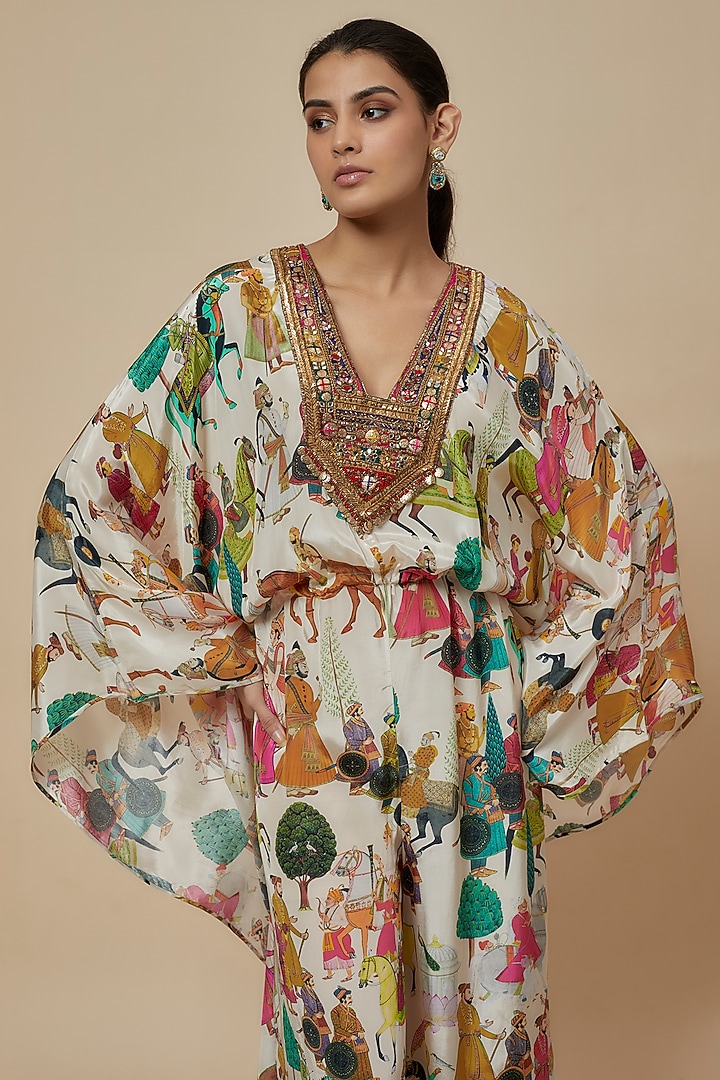 Ivory Crepe Printed & Hand Embroidered Kaftan Jumpsuit by Rajat tangri at Pernia's Pop Up Shop