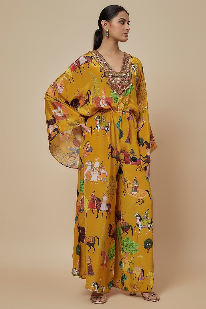 Mango Yellow Crepe Hand Embroidered Jumpsuit by Rajat tangri at Pernia's Pop Up Shop