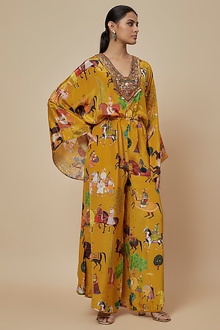 Mango Yellow Crepe Hand Embroidered Jumpsuit by Rajat tangri