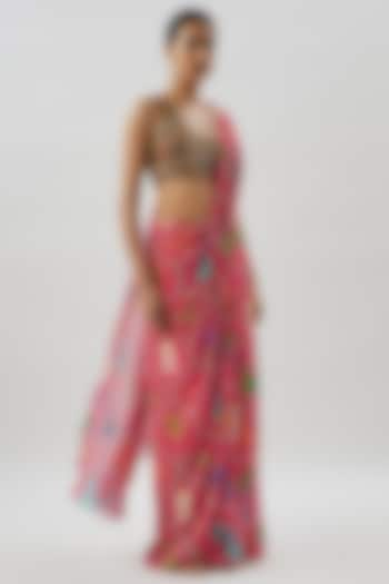 Pink Georgette Printed Draped Saree Set by Rajat tangri 