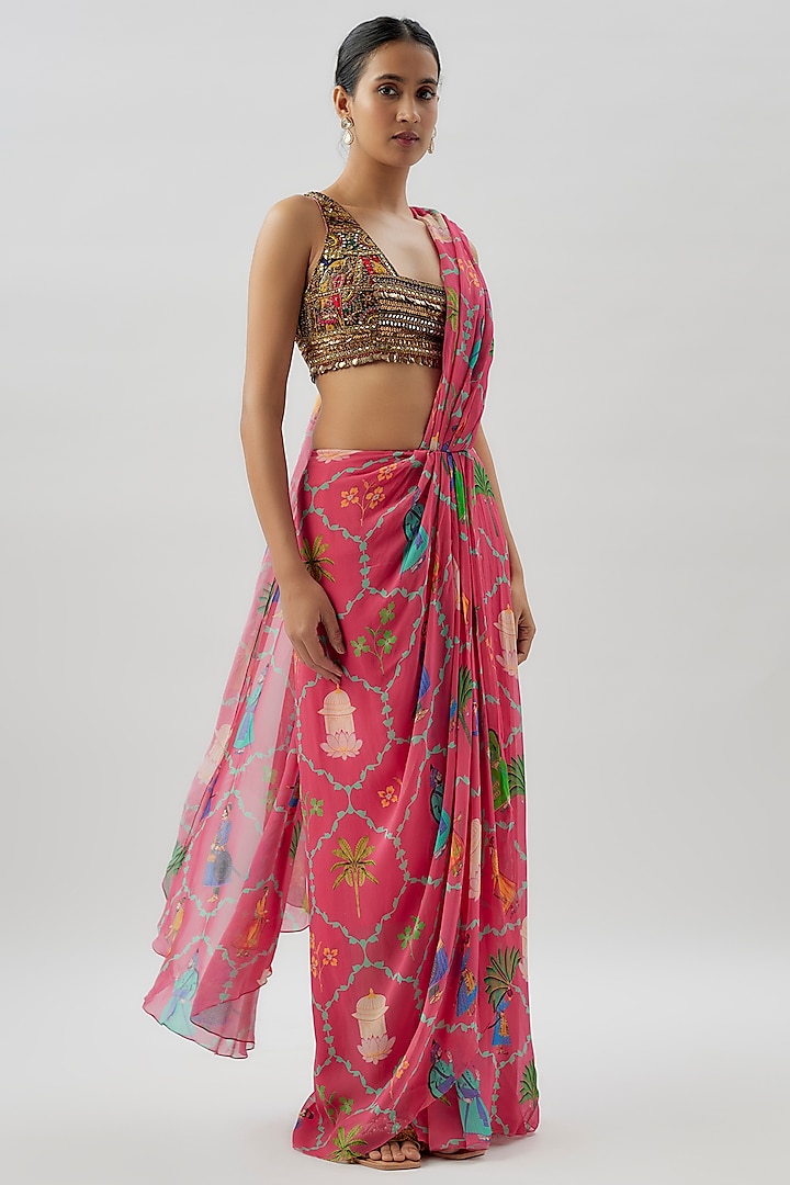 Pink Georgette Printed Draped Saree Set by Rajat tangri 