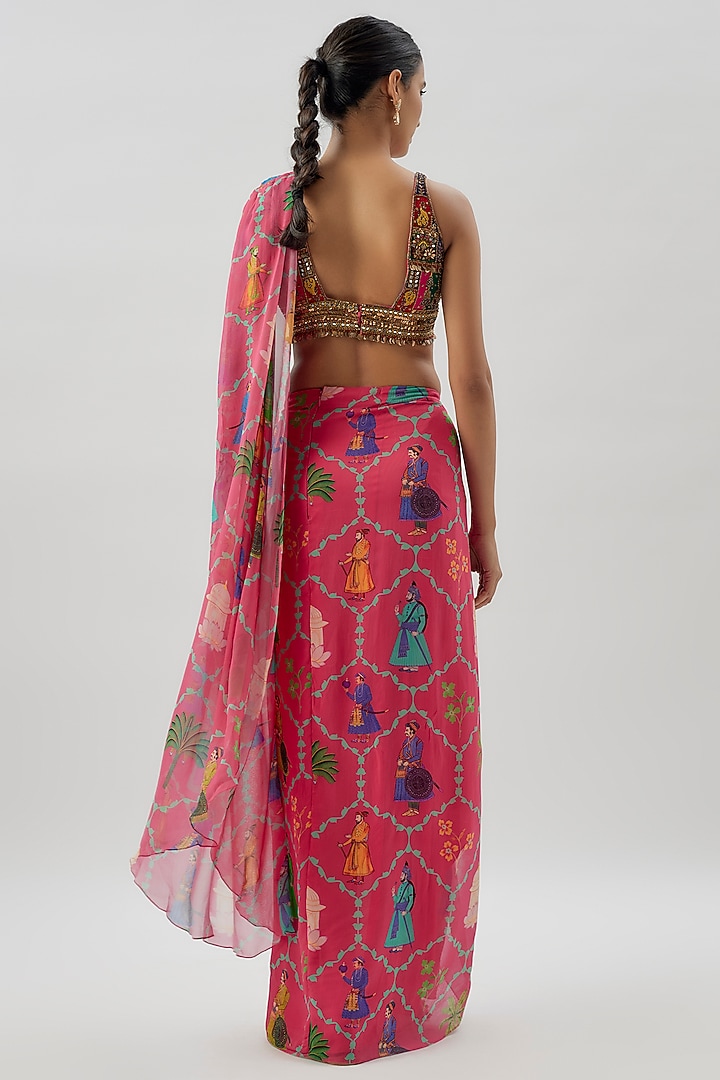 Pink Georgette Printed Draped Wedding Saree Set by Rajat tangri at Pernia's Pop Up Shop