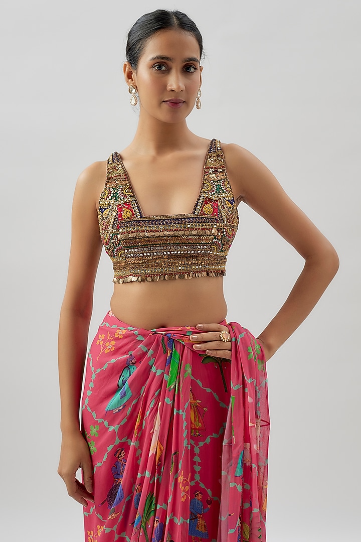 Pink Georgette Printed Draped Wedding Saree Set by Rajat tangri at Pernia's Pop Up Shop