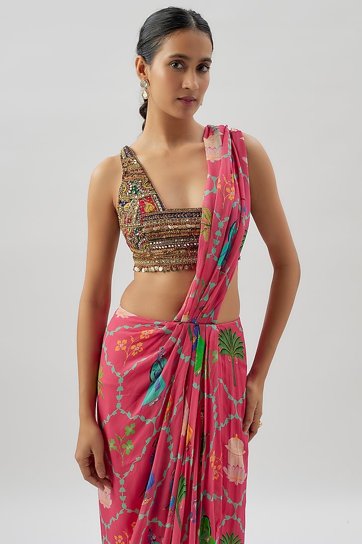 Pink Georgette Printed Draped Wedding Saree Set by Rajat tangri at Pernia's Pop Up Shop