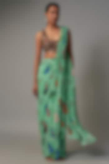 Aqua Green Georgette Hand Embroidered Draped Saree Set by Rajat tangri at Pernia's Pop Up Shop