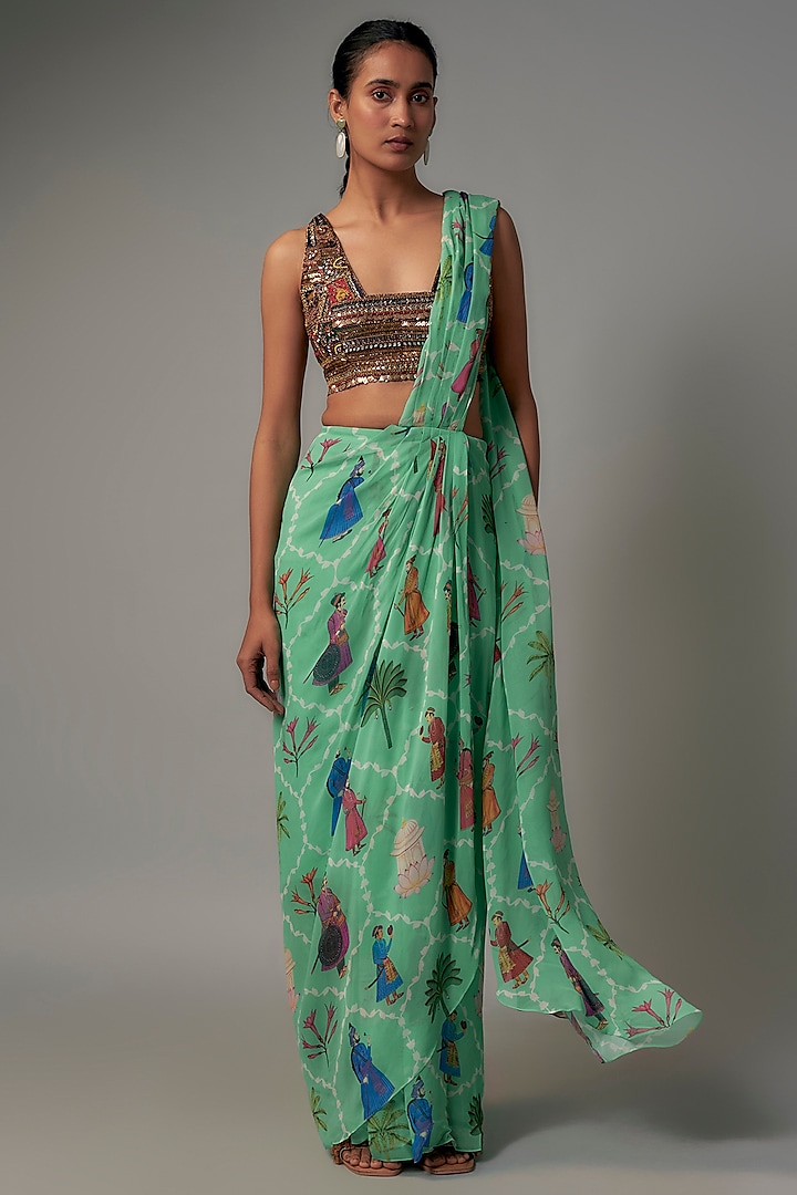 Aqua Green Georgette Hand Embroidered Draped Saree Set by Rajat tangri at Pernia's Pop Up Shop