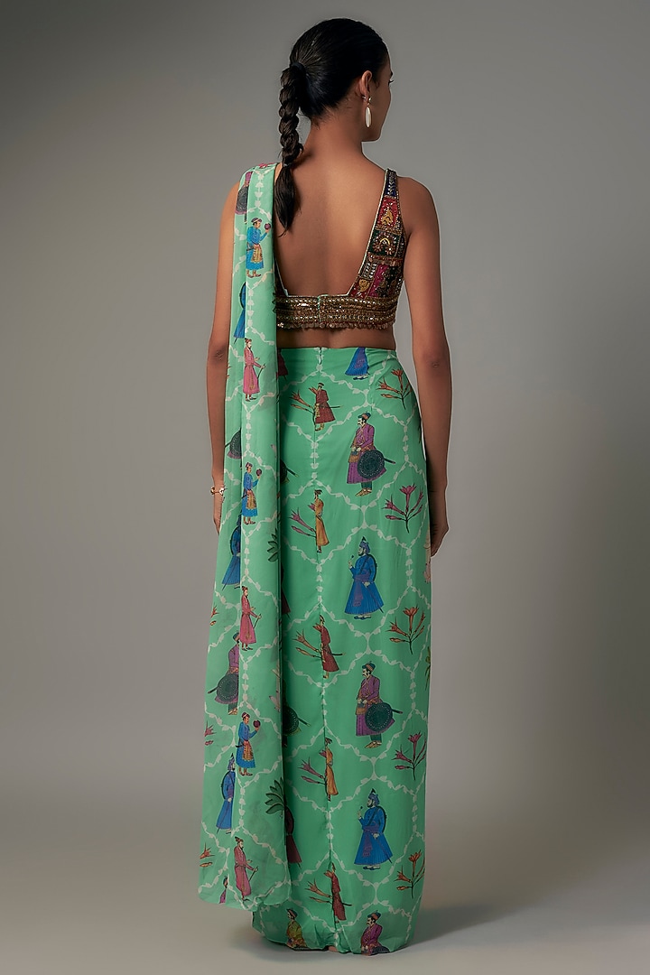 Aqua Green Georgette Hand Embroidered Draped Wedding Saree Set by Rajat tangri at Pernia's Pop Up Shop