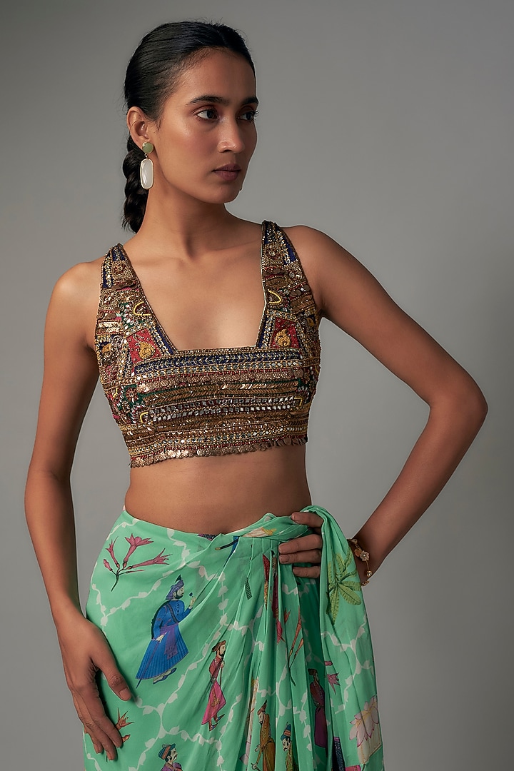 Aqua Green Georgette Hand Embroidered Draped Wedding Saree Set by Rajat tangri at Pernia's Pop Up Shop