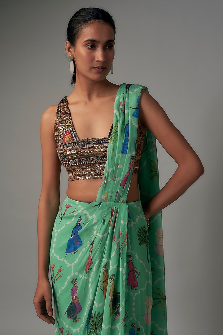 Aqua Green Georgette Hand Embroidered Draped Wedding Saree Set by Rajat tangri at Pernia's Pop Up Shop