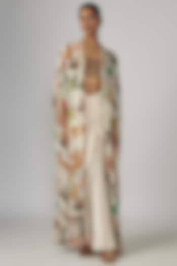 Ivory Crepe & Georgette Printed Cape Set by Rajat tangri  at Pernia's Pop Up Shop