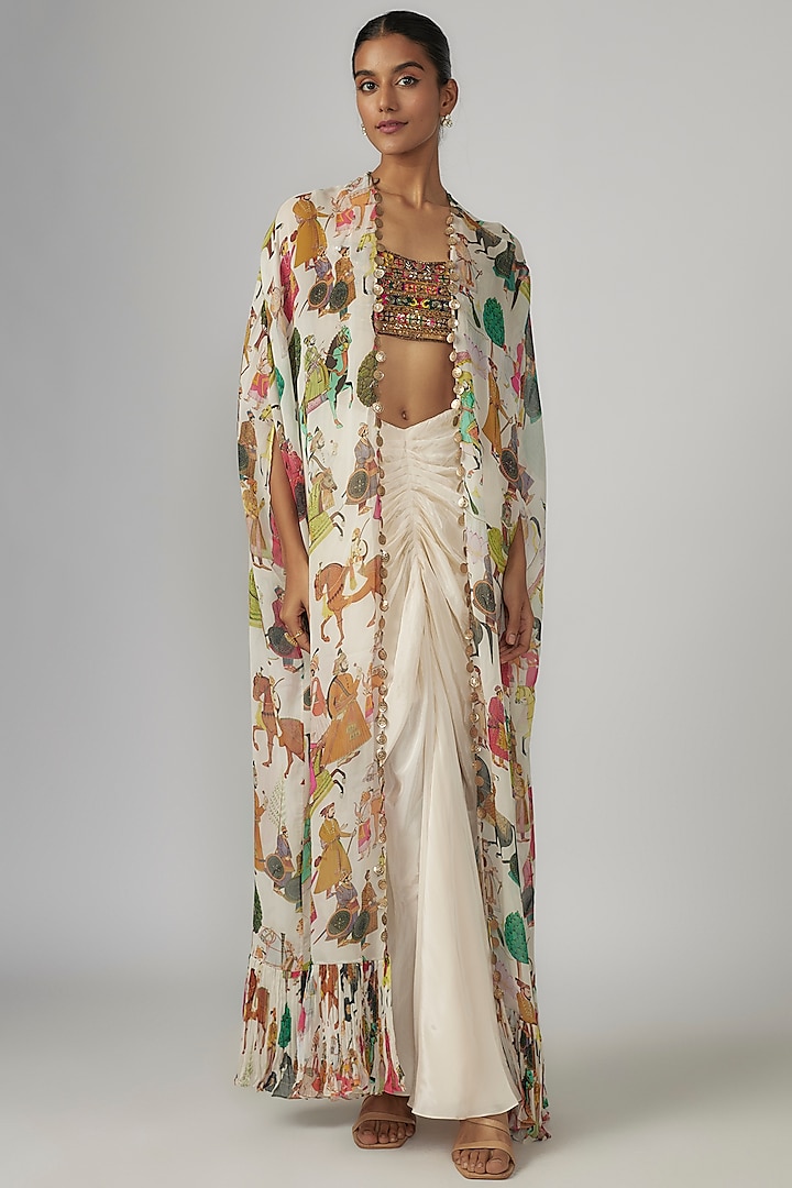 Ivory Crepe & Georgette Printed Cape Set by Rajat tangri  at Pernia's Pop Up Shop