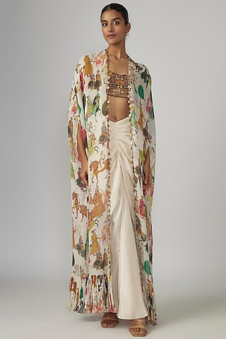 Ivory Crepe & Georgette Printed Cape Set by Rajat tangri 