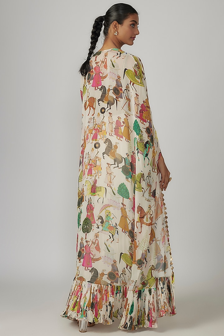 Ivory Crepe & Georgette Printed Cape Set by Rajat tangri  at Pernia's Pop Up Shop